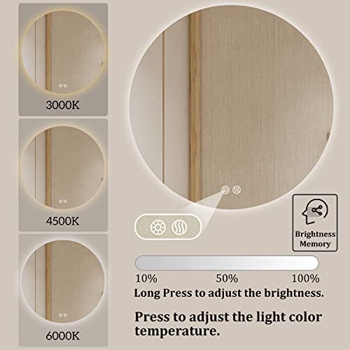 BuLife 32 Inch Round LED Bathroom Mirror Backlit Anti-Fog Wall Mounted Lighted Bathroom Vanity Mirror 3 Colors Light Dimmable Smart Makeup Mirror with Touch Switch