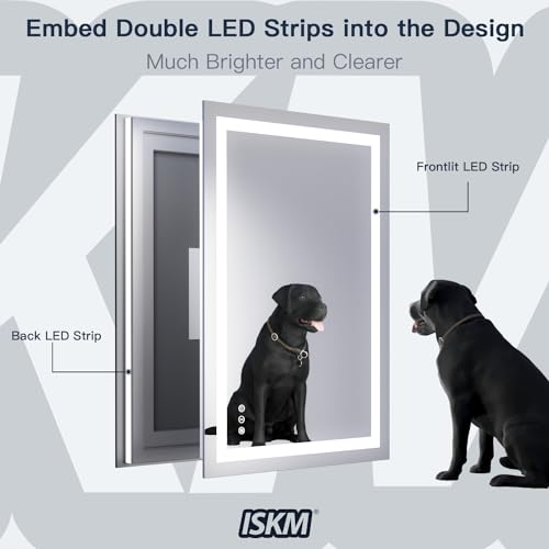 ISKM 20''x28'' Led Bathroom Mirror Front and Backlit Vanity Mirror Wall Mounted, Anti-Fog, Dimmable, Memory Function Mirror with Smart Touch button Waterproof and Shatter-Proof Makeup Mirror