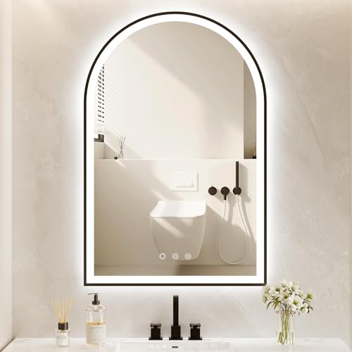 OUMUSU Arched LED Bathroom Mirror 20"x30" with Front and Backlight, Black Bathroom Mirror with Lights-Anti-Fog, Dimmable-LED Mirror for Bathroom,UL Listed