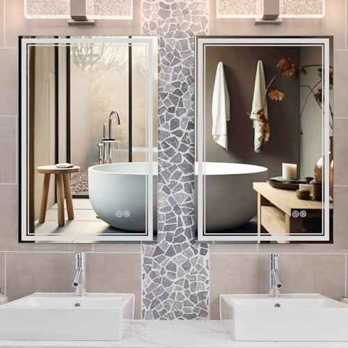 24'' x 36'' LED Bathroom Mirror with Backlit + Front 3 Colors Lights Mirrors Smart Wall-Mounted Bathroom Vanity Mirror with Light 3000K-6000K Premium Automatic Anti Fog (Vertical/Horizontal) 2 Pack