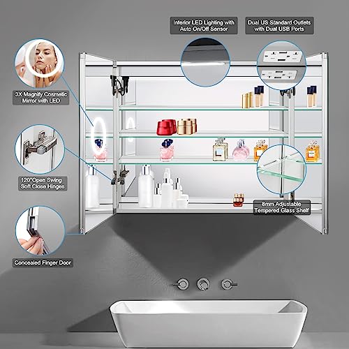 Wemin Smart Home 36x30 LED Mirror Medicine Cabinet Recessed or Surface, Defogger, Makeup Mirror 3X, Adjustable Color Temp & Dimmer, Outlets & USB (Cubic 36 x 30)