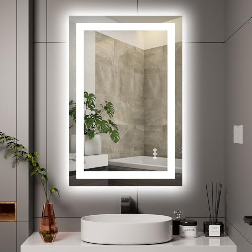 Hivone LED Bathroom Mirror with Lights 24"x 36" Wall Vanity LED Mirror Stepless Dimmable,Double Front and Backlight,Anti-Fog,Memory Smart Mirror for Bathroom
