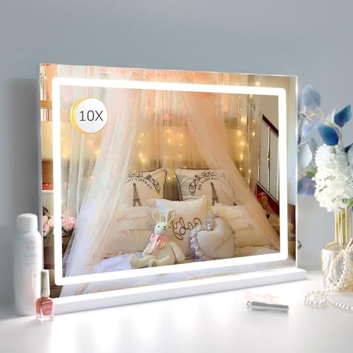 LilyHome Makeup Vanity Mirror with Lights, 22.8"x 18.1" Large LED Lighted Mirror with 10X Magnification and USB Charging Port, Smart Touch 3 Colors Dimmable, Touch Control for Bedroom, White