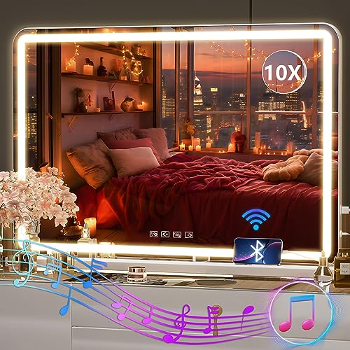Hasipu Vanity Mirror with Lights and Bluetooth Speaker, 32" x 22" LED Makeup Mirror, Lighted Makeup Mirror with Dimmable 3 Modes, USB Charging Port, Round White