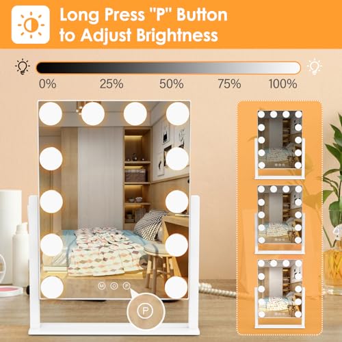 Vanity Mirror with Lights, Hollywood Lighted Makeup Mirror with 3 Color Lighting Modes and 12 Dimmable Bulbs, Detachable 5X Magnification, Smart Touch Control, 360°Rotation, White