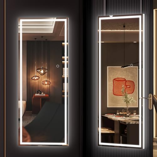 Hasipu LED Door Mirror Full Length, 44" x 16" Lighted Over The Door Hanging Mirror, Full Body Wall Mounted Mirror, Light Up Long Dressing Mirror, Square White