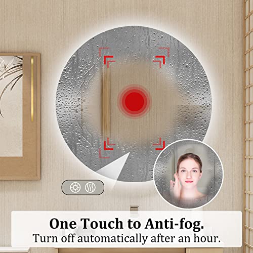 BuLife 32 Inch Round LED Bathroom Mirror Backlit Anti-Fog Wall Mounted Lighted Bathroom Vanity Mirror 3 Colors Light Dimmable Smart Makeup Mirror with Touch Switch