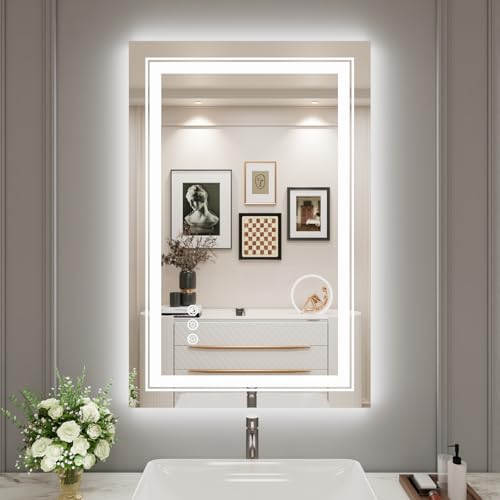 Snowdool 24”X36“ LED Bathroom Mirror with Lights, Anti Fog Mirror with RGB Backlit Mirror Bathroom, Dimmable Smart Lighted Bathroom Vanity Mirror, Horizontal/Vertical (RGB Backlit + Front Light)