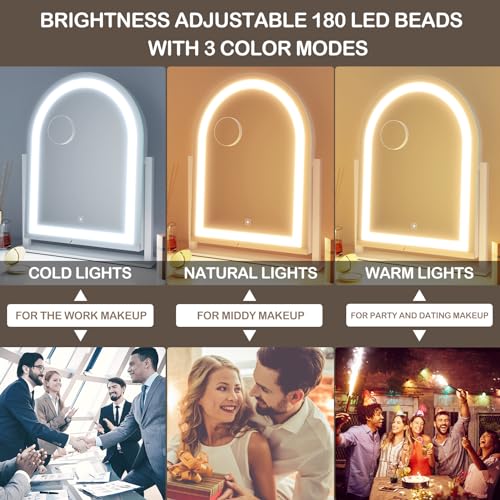 Gvnkvn Lighted Makeup Mirror, Hollywood Vanity Mirror with Lights, Three Color Lighting Modes, and Detachable 10X Magnification Mirror, Smart Touch Control, 360°Rotation (15.2in White)