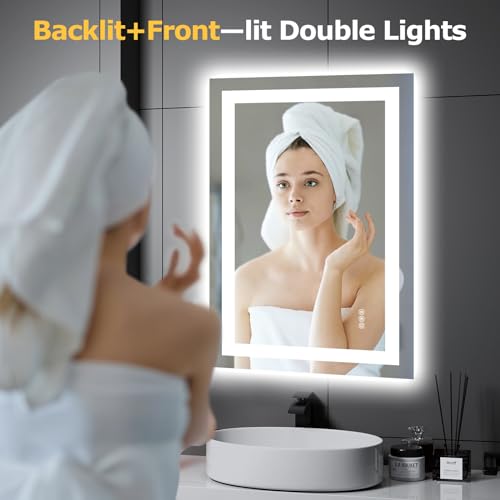 Hivone LED Bathroom Mirror with Lights 24"x 36" Wall Vanity LED Mirror Stepless Dimmable,Double Front and Backlight,Anti-Fog,Memory Smart Mirror for Bathroom