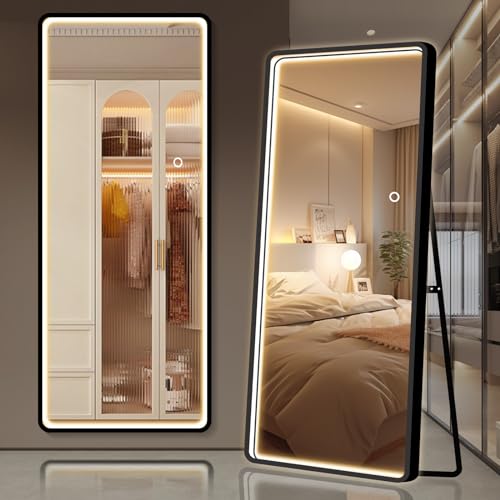 PexFix 64"x 21" LED Rectangle Full Length Mirror Standing Floor Mirror, Full Body Dressing Mirror, Wall Mounted Hanging Mirror for Bedroom, Black
