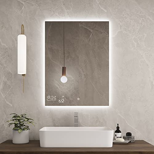 BYECOLD Smart Mirror, 24x32'', LED Mirror for Bathroom, Weather & Date & TEMP & Humidity Display, Anti-fog, Backlit, Mirror with Light, 2 Colors, Wall Mounted Mirror-Vertically Only