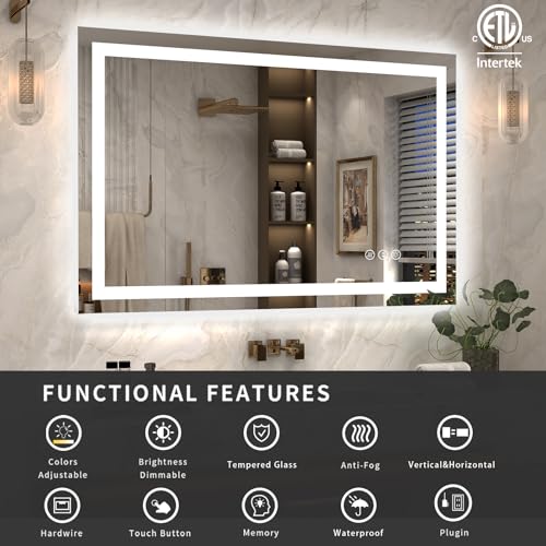 ODDSAN 40x32 Smart Led Mirror for Bathroom, Dimmable Vanity Mirror with Lights, Backlit and Front Lit Makeup Mirror for Wall, Anti-Fog (Horizontal/Vertical)