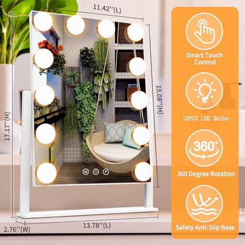 Vanity Mirror with Lights, Hollywood Lighted Makeup Mirror with 3 Color Lighting Modes and 12 Dimmable Bulbs, Detachable 5X Magnification, Smart Touch Control, 360°Rotation, White