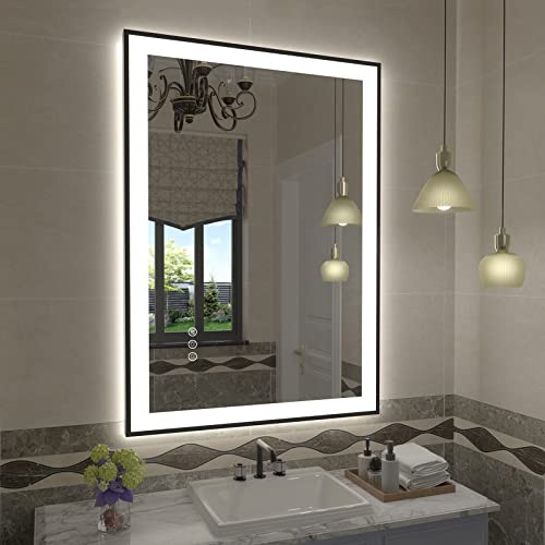 SMIROR 28x 36 Inch Lighted Mirrors with Black Frame for Bathroom Wall, Smart Led Vanity Mirrors, Front and Backlit, Dimmable, Anti-Fog, Memory, Shatterproof, ETL Listed (Horizontal/Vertical)