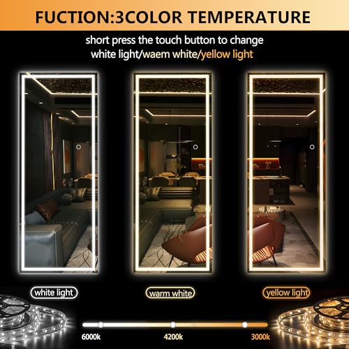 Hasipu LED Door Mirror Full Length, 44" x 16" Lighted Over The Door Hanging Mirror, Full Body Wall Mounted Mirror, Light Up Long Dressing Mirror, Square White
