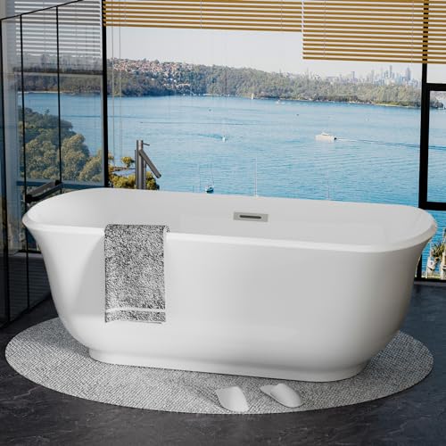 Morhome 67" Acrylic Freestanding Soaking Bathtub, Curve Edge Freestanding Soaking Bath Tub With Toe-tap Drain in Chrome & Classic Slotted Overflow, Glossy White, cUPC Certified