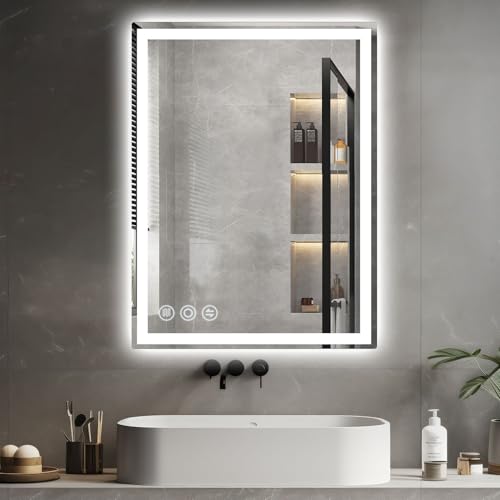 Memobarco LED Bathroom Mirror for Wall,28 * 36 Smart Mirror Bathroom with Lights,Front and Backlit Wall Mirrors,UL Listed,Dimmable CRI>90,IP54,Anti-Fog,Lighted Memory Mirror Wall Mounted for Bathroom