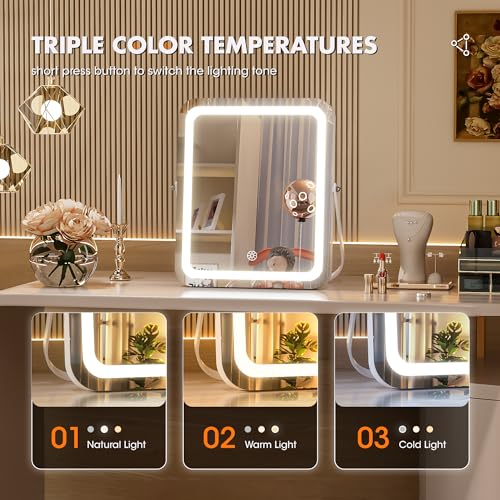 Hasipu Vanity Mirror with Lights, 10" x 12" LED Makeup Mirror, 3 Modes Light, Smart Touch Control Dimmable, 360°Rotation, Rounded Rectangle White Frame
