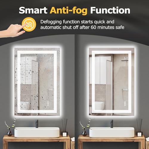 Hivone LED Bathroom Mirror with Lights 24"x 36" Wall Vanity LED Mirror Stepless Dimmable,Double Front and Backlight,Anti-Fog,Memory Smart Mirror for Bathroom