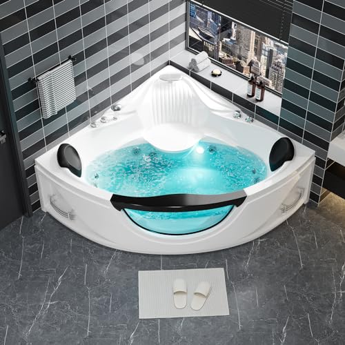 Acrylic Whirlpool Bathtub - Fan Shaped Corner Back to Wall Freestanding Whirlpool Tub, Therapy Hydro-Massage Soaking Tub with Double Pillow Chromatherapy Jets Tub
