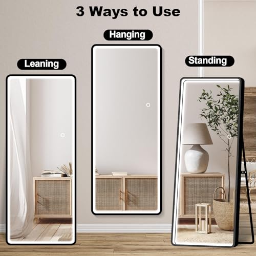PexFix 64"x 21" LED Rectangle Full Length Mirror Standing Floor Mirror, Full Body Dressing Mirror, Wall Mounted Hanging Mirror for Bedroom, Black
