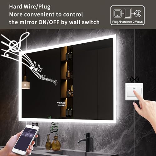 GESIPOR 60"x36" Bathroom LED Mirror with Wireless Speaker Wall Switch - Lighted Vanity Mirrors for Bathroom Wall Mounted Backlit, Dimmable Light 3000K/6000K Anti-Fog Makeup Smart Mirror (Horizontal)