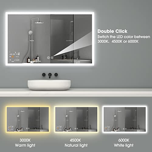 Evokor 40 x 24 Inch Led Smart Bathroom Mirror with Lights, Anti Fog Lighted Vanity Mirror with Weather Time Wall Mounted, White/Warm/Natural Light Dimmable, CRI92, IP54 Waterproof (Horizontal)