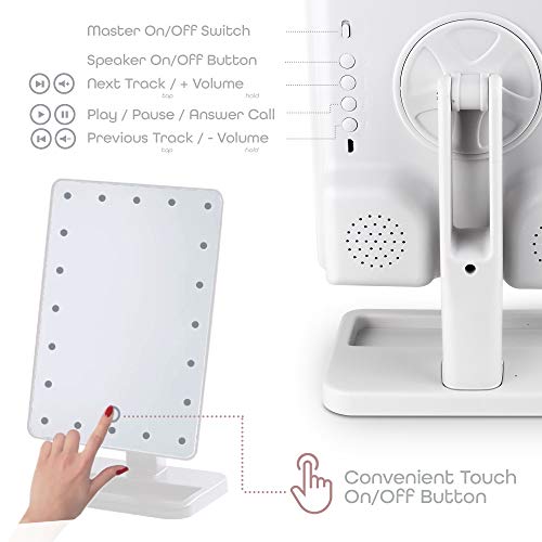 Aduro Vanity Mirror Makeup Mirror With Lights And Wireless Speaker, U-Reflect Beauty LED Wireless Swivel Smart Home Audio Mirror With Tray (White)