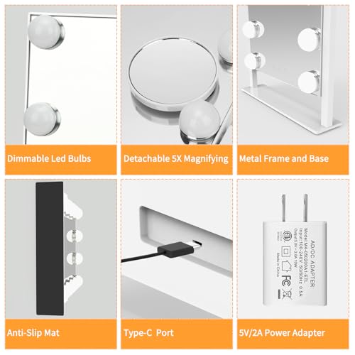 Vanity Mirror with Lights, Hollywood Lighted Makeup Mirror with 3 Color Lighting Modes and 12 Dimmable Bulbs, Detachable 5X Magnification, Smart Touch Control, 360°Rotation, White