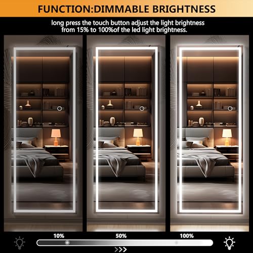 Hasipu LED Door Mirror Full Length, 44" x 16" Lighted Over The Door Hanging Mirror, Full Body Wall Mounted Mirror, Light Up Long Dressing Mirror, Square White