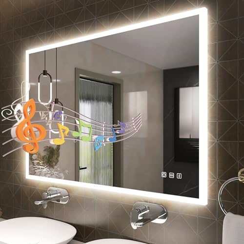 S'bagno 40''x28'' Led-Mirror-for-Bathroom-3 Light Colors, Led-Bathroom-Mirror-Anti-fog, Bluetooth-Bathroom-Mirror, Dimmable Brightness, Horizontal& Vertical, Plug-in/Hardwiring