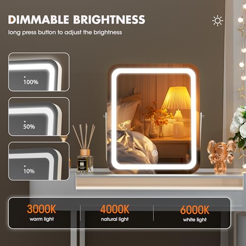 Hasipu Vanity Mirror with Lights, 10" x 12" LED Makeup Mirror, 3 Modes Light, Smart Touch Control Dimmable, 360°Rotation, Rounded Rectangle White Frame