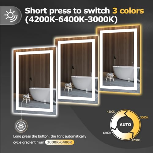 Hivone LED Bathroom Mirror with Lights 24"x 36" Wall Vanity LED Mirror Stepless Dimmable,Double Front and Backlight,Anti-Fog,Memory Smart Mirror for Bathroom