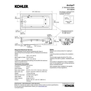 KOHLER K-1122-HL-0 Archer 60"x32" alcove whirlpool with integral apron, left hand drain and heater, White