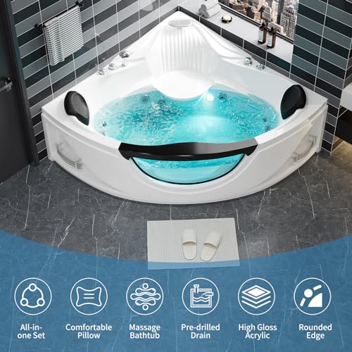 Acrylic Whirlpool Bathtub - Fan Shaped Corner Back to Wall Freestanding Whirlpool Tub, Therapy Hydro-Massage Soaking Tub with Double Pillow Chromatherapy Jets Tub