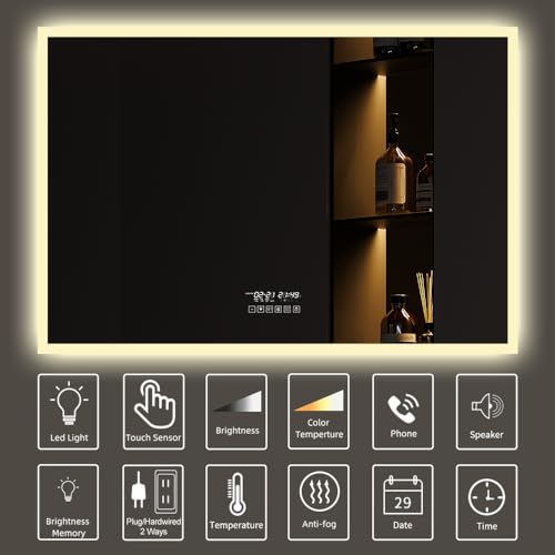 GESIPOR 60"x36" Bathroom LED Mirror with Wireless Speaker Wall Switch - Lighted Vanity Mirrors for Bathroom Wall Mounted Backlit, Dimmable Light 3000K/6000K Anti-Fog Makeup Smart Mirror (Horizontal)