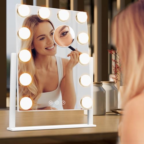 Vanity Mirror with Lights, Hollywood Lighted Makeup Mirror with 3 Color Lighting Modes and 12 Dimmable Bulbs, Detachable 5X Magnification, Smart Touch Control, 360°Rotation, White