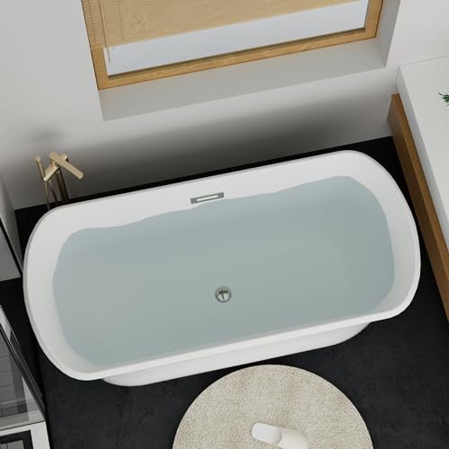 Morhome 67" Acrylic Freestanding Soaking Bathtub, Curve Edge Freestanding Soaking Bath Tub With Toe-tap Drain in Chrome & Classic Slotted Overflow, Glossy White, cUPC Certified