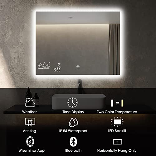 BYECOLD Smart Bathroom Mirror with Bluetooth Wi-Fi Enabled Weather Display, 32”X 24” Fog Free, LED Light Vanity Mirror Backlit Frameless Lighted Touch Sensor Makeup for Wall - Horizontally Hang Only