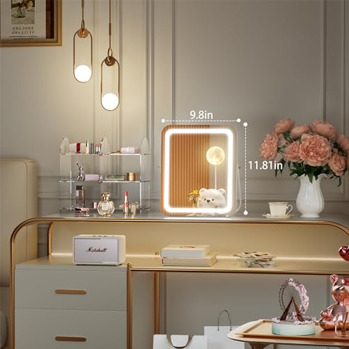 Hasipu Vanity Mirror with Lights, 10" x 12" LED Makeup Mirror, 3 Modes Light, Smart Touch Control Dimmable, 360°Rotation, Rounded Rectangle White Frame