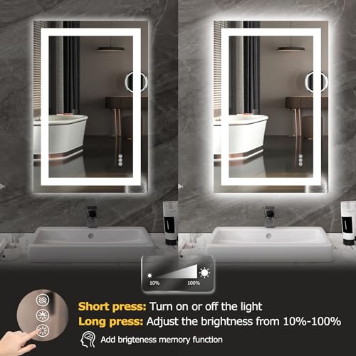 Hivone LED Bathroom Mirror with Lights 24"x 36" Wall Vanity LED Mirror Stepless Dimmable,Double Front and Backlight,Anti-Fog,Memory Smart Mirror for Bathroom