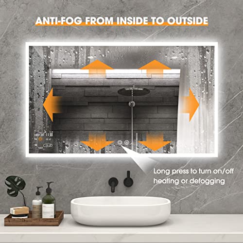 Evokor 40 x 24 Inch Led Smart Bathroom Mirror with Lights, Anti Fog Lighted Vanity Mirror with Weather Time Wall Mounted, White/Warm/Natural Light Dimmable, CRI92, IP54 Waterproof (Horizontal)