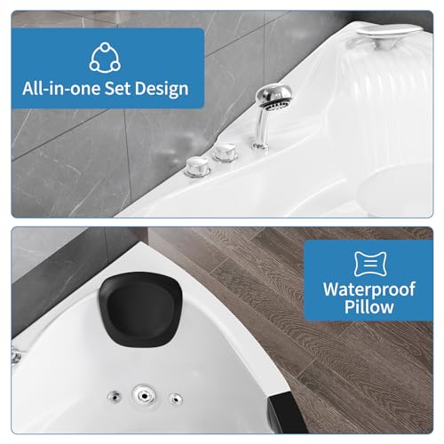 Acrylic Whirlpool Bathtub - Fan Shaped Corner Back to Wall Freestanding Whirlpool Tub, Therapy Hydro-Massage Soaking Tub with Double Pillow Chromatherapy Jets Tub
