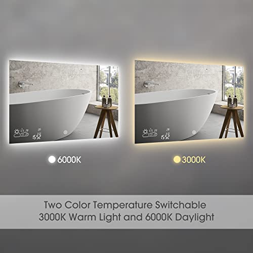 BYECOLD Smart Bathroom Mirror with Bluetooth Wi-Fi Enabled Weather Display, 32”X 24” Fog Free, LED Light Vanity Mirror Backlit Frameless Lighted Touch Sensor Makeup for Wall - Horizontally Hang Only