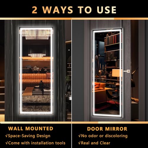 Hasipu LED Door Mirror Full Length, 44" x 16" Lighted Over The Door Hanging Mirror, Full Body Wall Mounted Mirror, Light Up Long Dressing Mirror, Square White