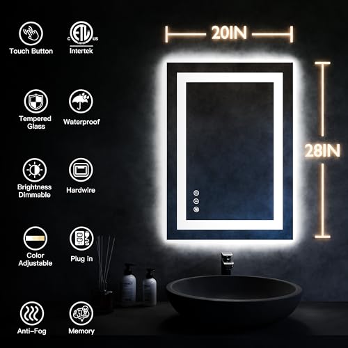 ISKM 20''x28'' Led Bathroom Mirror Front and Backlit Vanity Mirror Wall Mounted, Anti-Fog, Dimmable, Memory Function Mirror with Smart Touch button Waterproof and Shatter-Proof Makeup Mirror