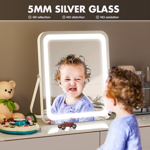 Hasipu Vanity Mirror with Lights, 10" x 12" LED Makeup Mirror, 3 Modes Light, Smart Touch Control Dimmable, 360°Rotation, Rounded Rectangle White Frame
