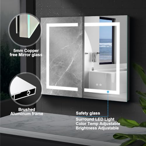 Wemin Smart Home 36x30 LED Mirror Medicine Cabinet Recessed or Surface, Defogger, Makeup Mirror 3X, Adjustable Color Temp & Dimmer, Outlets & USB (Cubic 36 x 30)