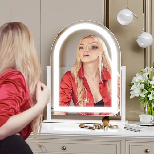 Gvnkvn Lighted Makeup Mirror, Hollywood Vanity Mirror with Lights, Three Color Lighting Modes, and Detachable 10X Magnification Mirror, Smart Touch Control, 360°Rotation (15.2in White)